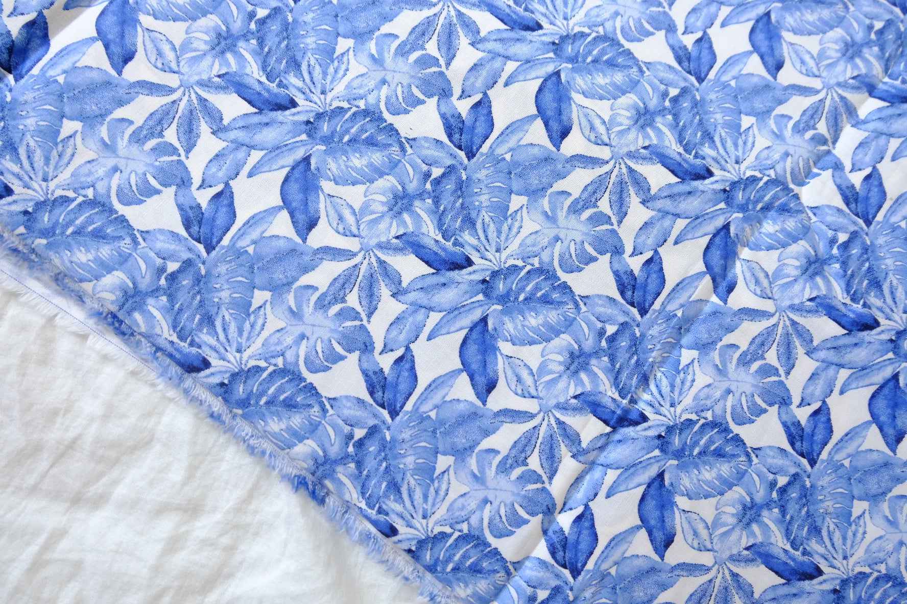 Blue Tropical Leaf Stretch Cotton Fabric — 2.52 yd