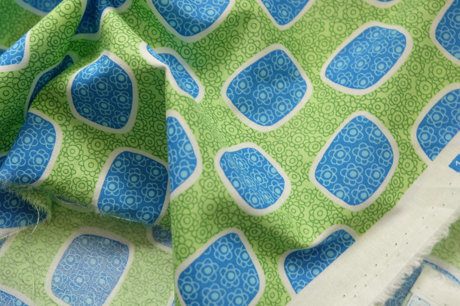 Retro Geometric Cotton, Blue & Green, 3.3 Yards