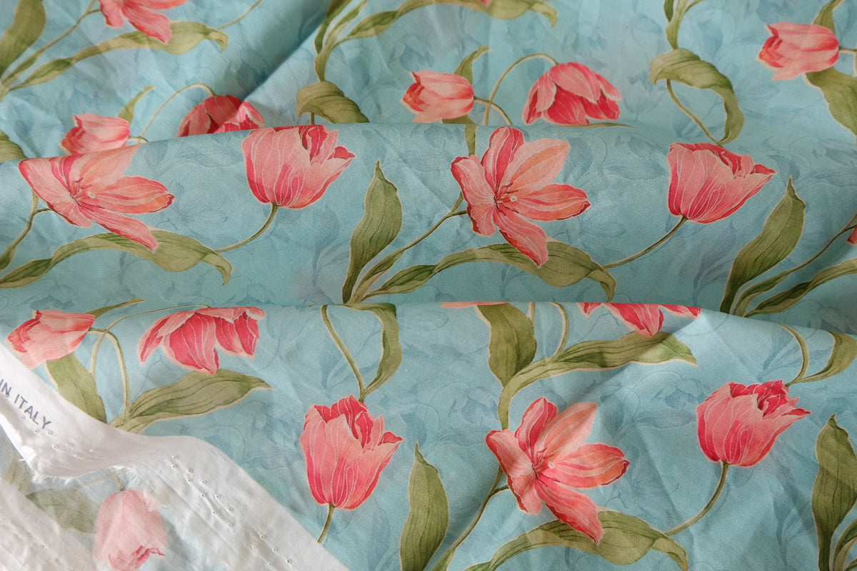 Watercolor Pink Tulips on Sky Blue – Cotton Lawn – 1.9 yd