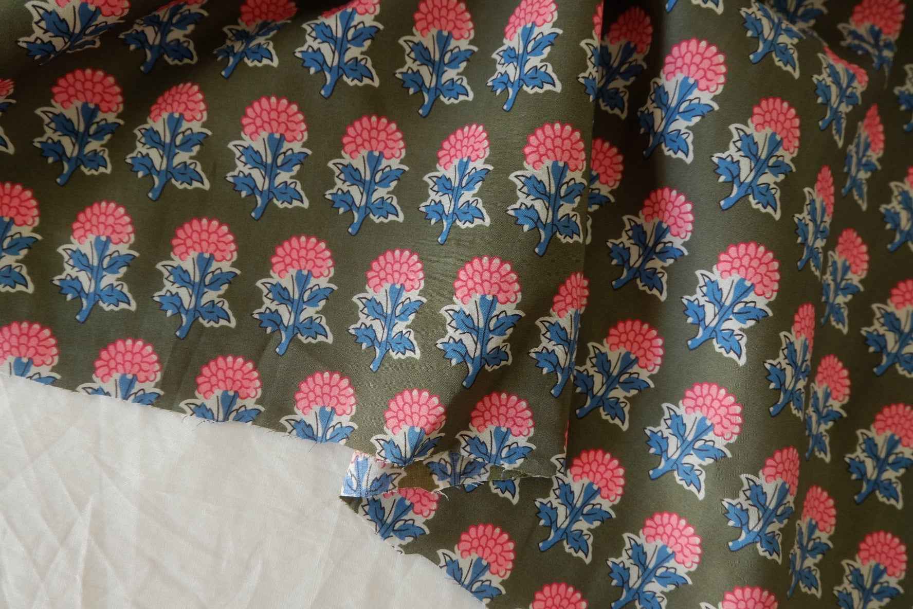 Olive Block Floral Cotton Poplin Fabric – 2.2 yd
