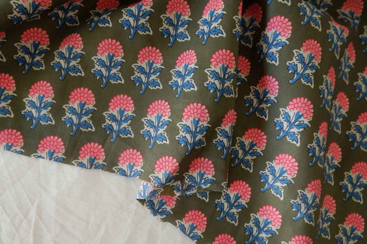 Olive Block Floral Cotton Poplin Fabric – 2.2 yd
