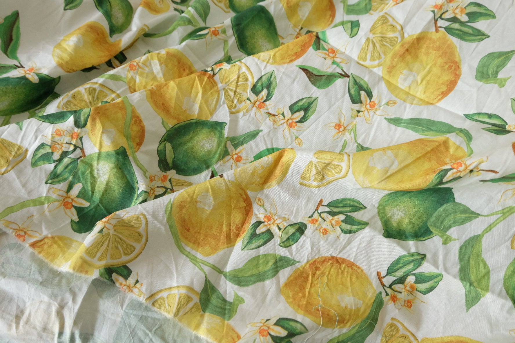 Lemon Grove Cotton Poplin Fabric – Watercolor Citrus Border Print – 2.9 yd