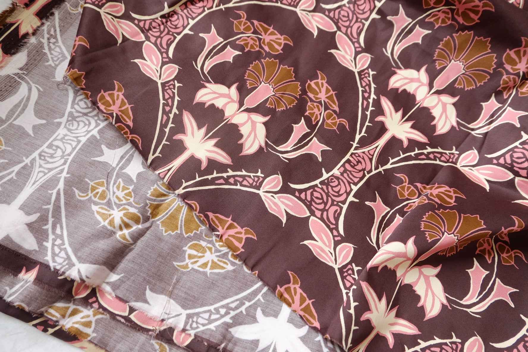 Brown Pink Floral Stretch Cotton Sateen Fabric - 1.64 yd