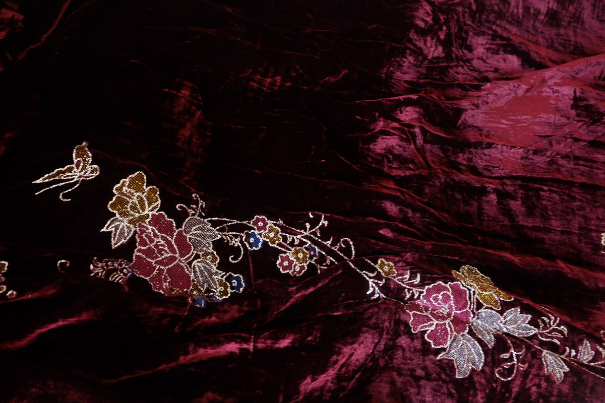 Deep Plum Burgundy Floral Embroidered Silk Velvet – 2.08 yd