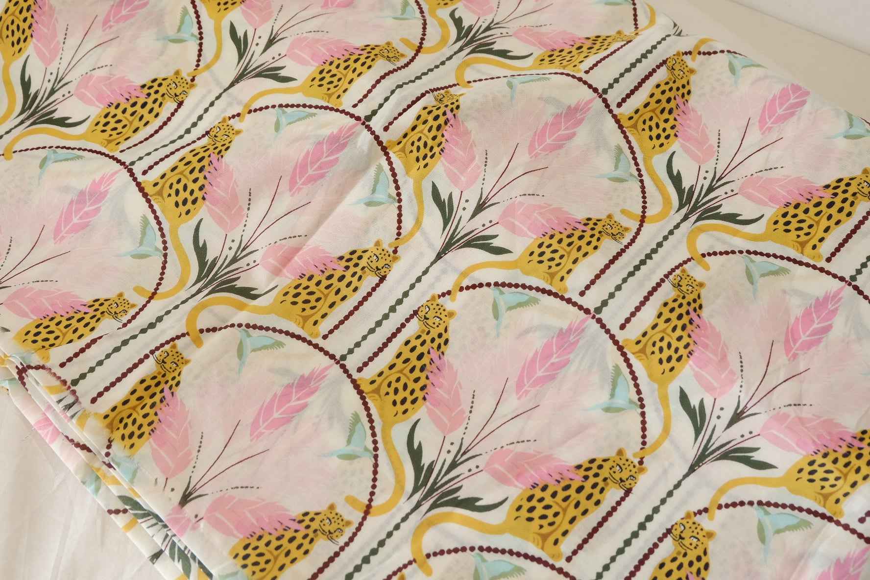 Retro Leopard Garden Cotton Fabric – Pink & Cream Print – 2.2 yd