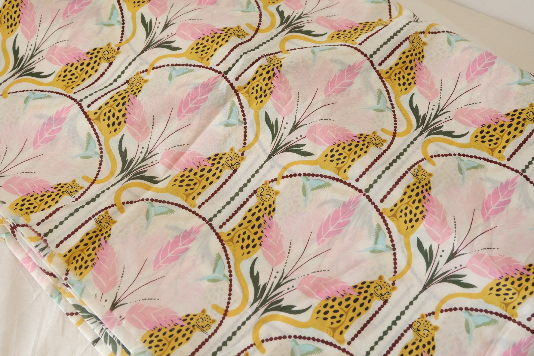 Retro Leopard Garden Cotton Fabric – Pink & Cream Print – 2.2 yd