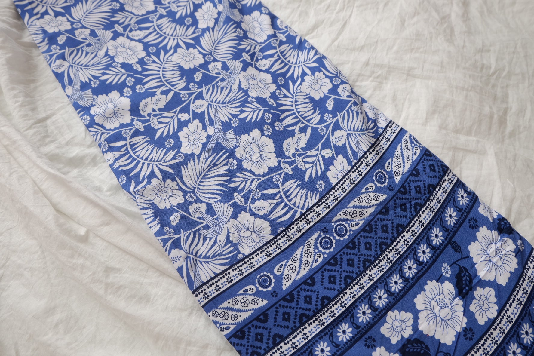 Double Border Bird & Floral Rayon Fabric in Blue and White, 3.3 Yards