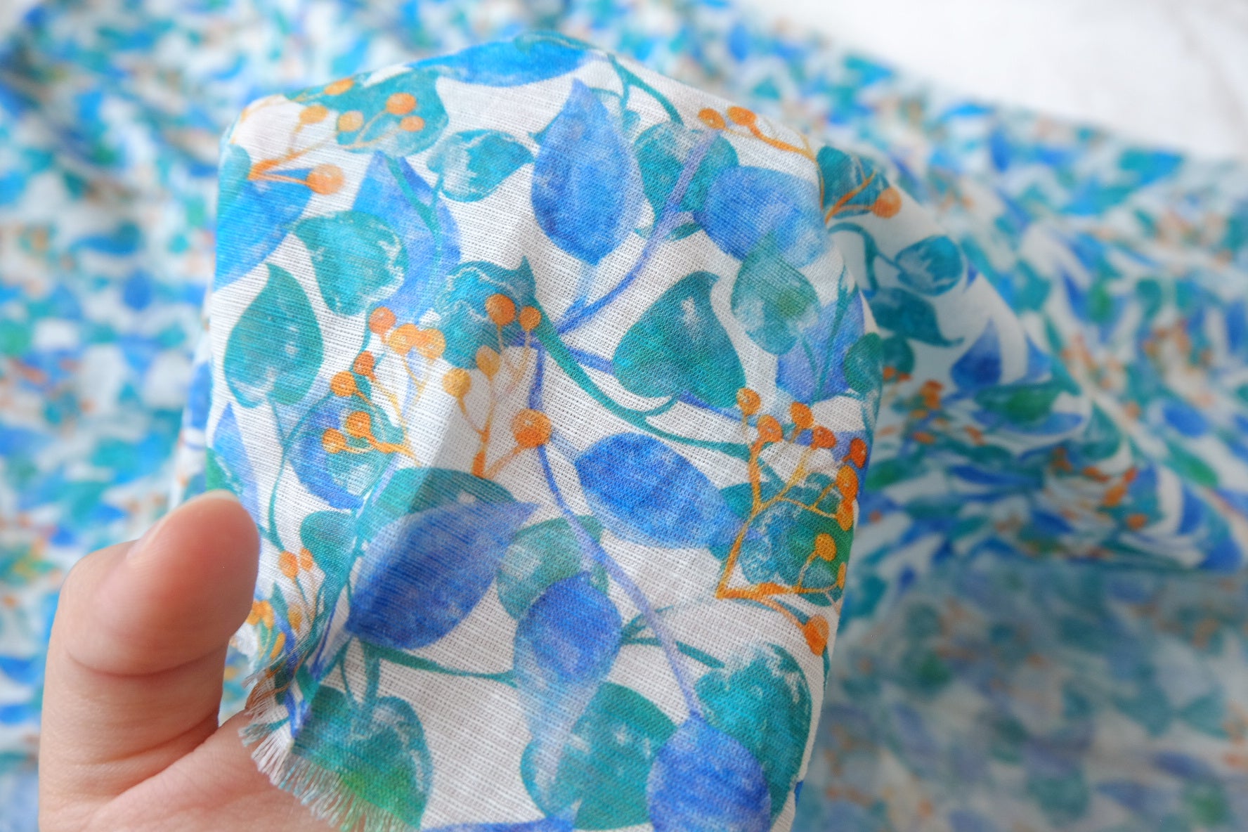 Blue Green Botanical Cotton Linen, 1.7 Yards