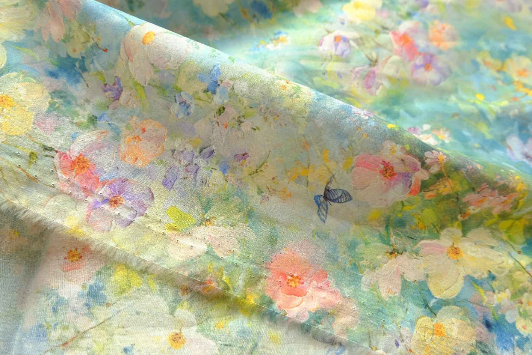 Watercolor Meadow Cotton Poplin, 80s Lightweight Floral Fabric, 1.97 Yards