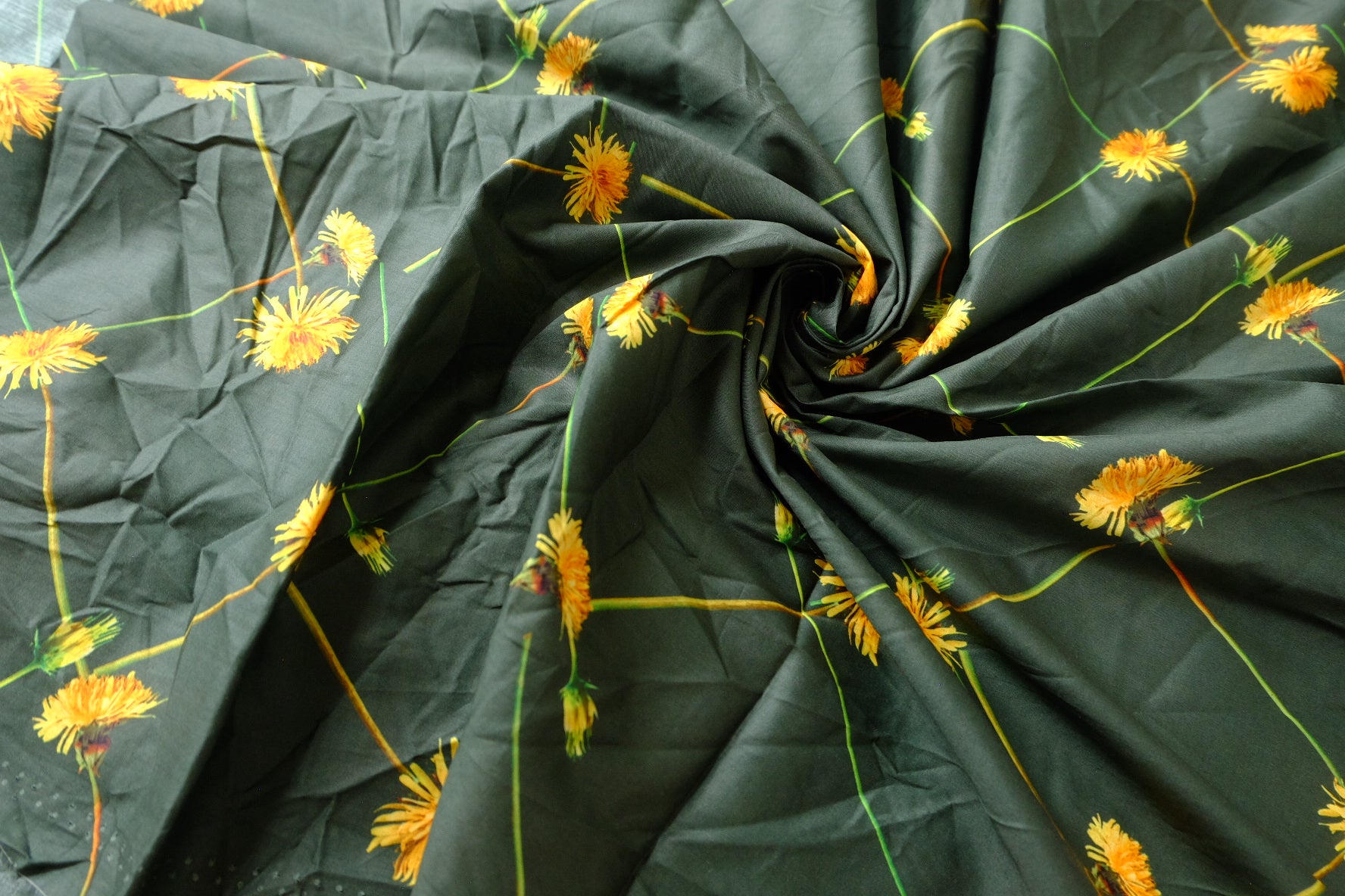 Dark Green Dandelion Cotton Lawn Fabric - 1.64 yd