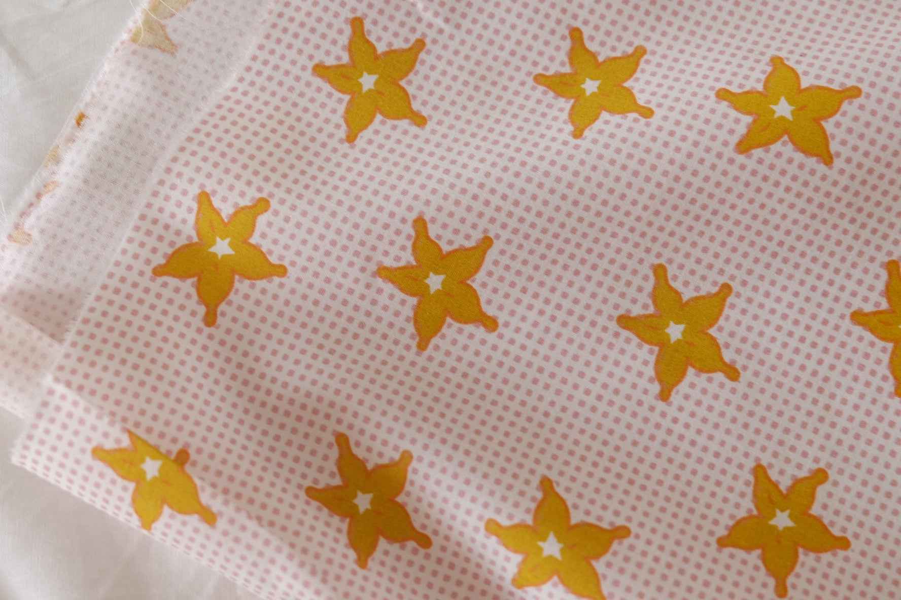 Pink Grid & Mustard Floral Cotton Fabric – 2.2 yd