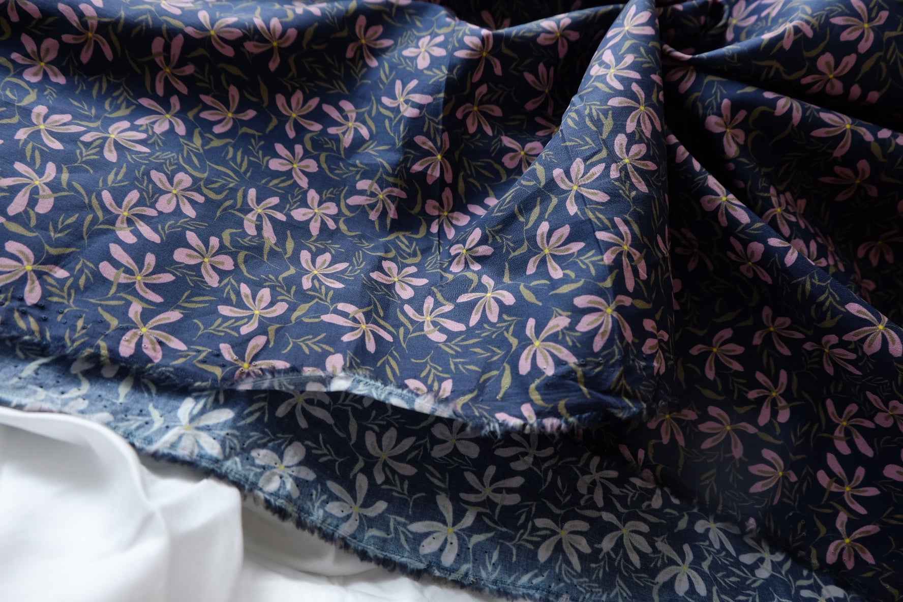 Navy Violet Floral Cotton Lawn Fabric - 3.17 yd