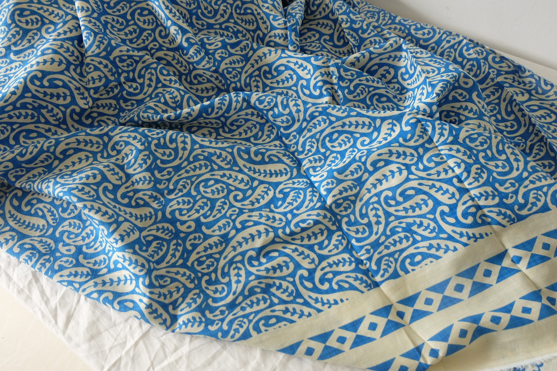 Indigo Blue Paisley Border Print Lightweight Cotton Fabric – 3.28 yd Piece