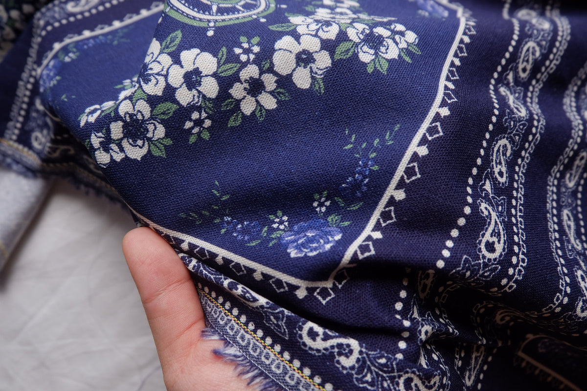 Navy Bandana Print Washed Linen Cotton — 3.3 yd