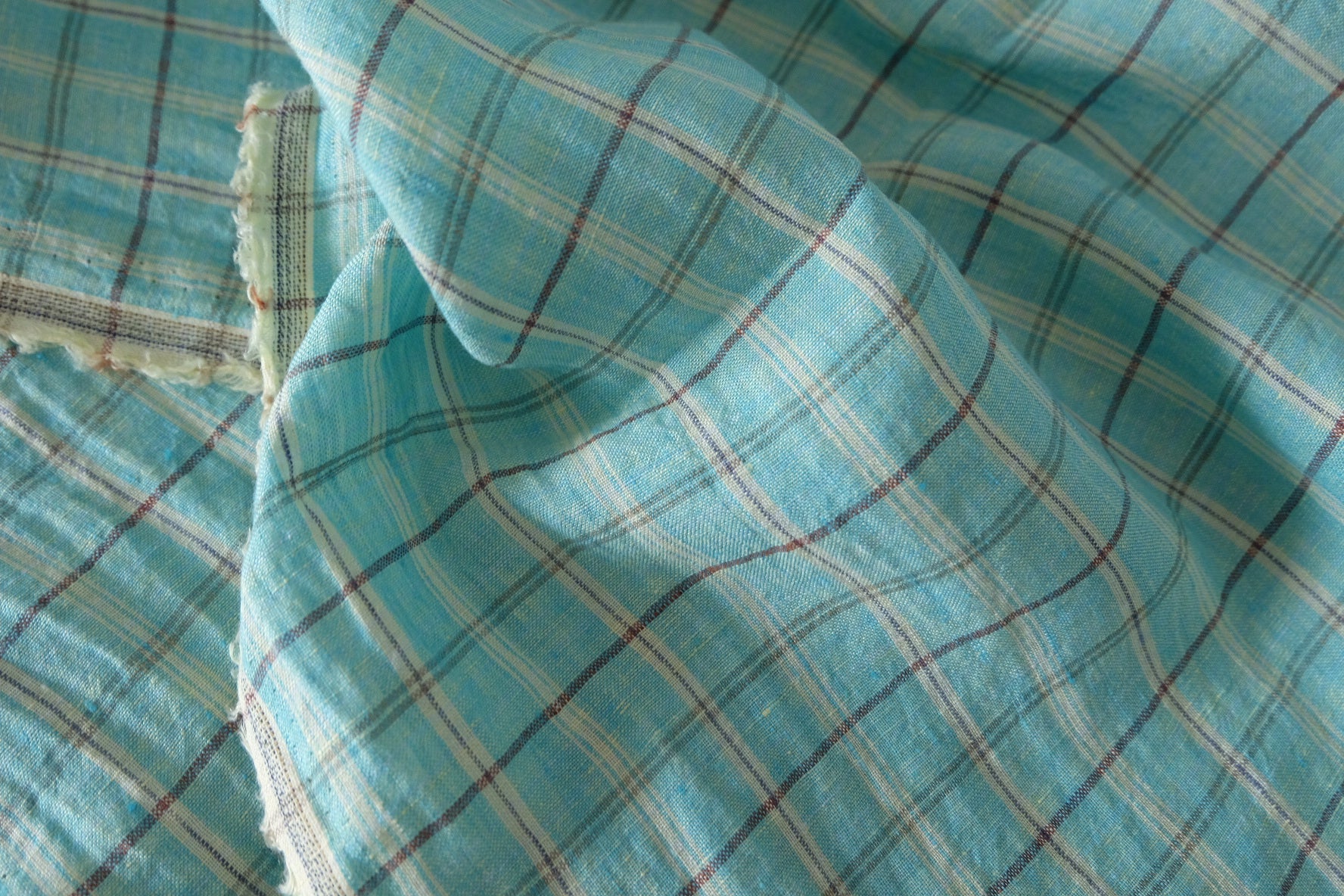 Aqua Blue Yarn-Dyed Plaid Pure Linen Fabric – 1.6 yd