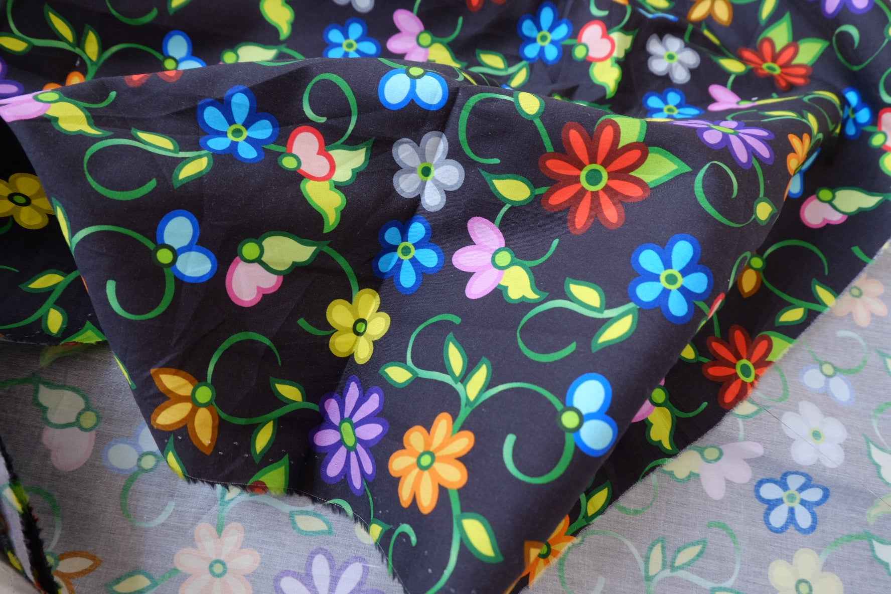 Colorful Retro Floral Cotton Poplin Fabric - 2.19 yd