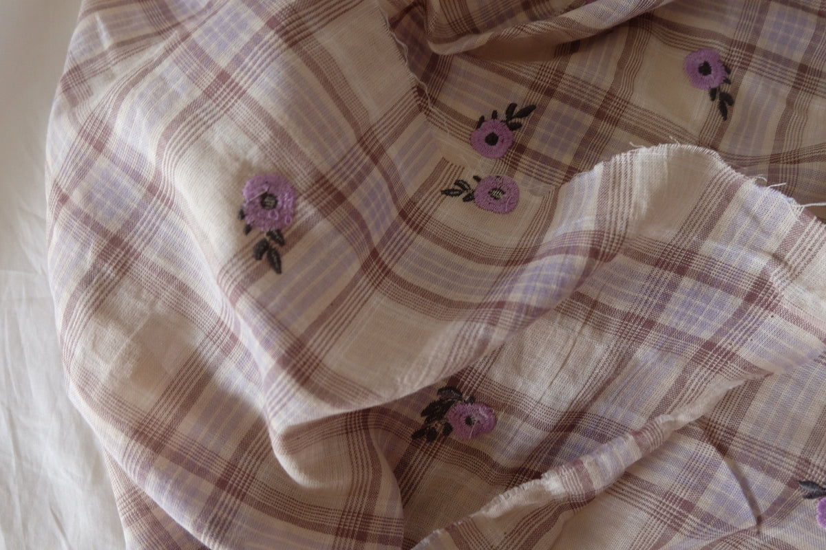 Lavender Flowers on Vintage Plaid – Embroidered Cotton – 1.4 yd