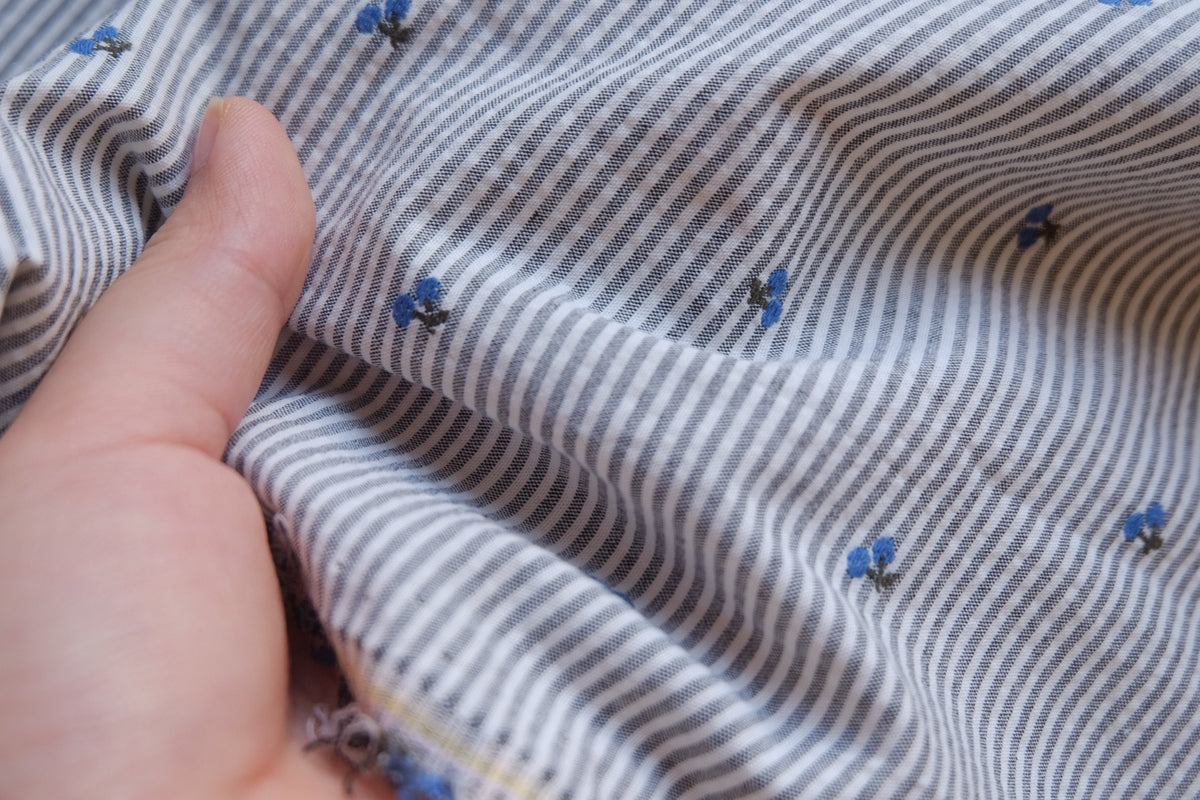 Blue Cherry Embroidered Yarn-Dyed Striped Cotton Jacquard Fabric – 2.2 yd