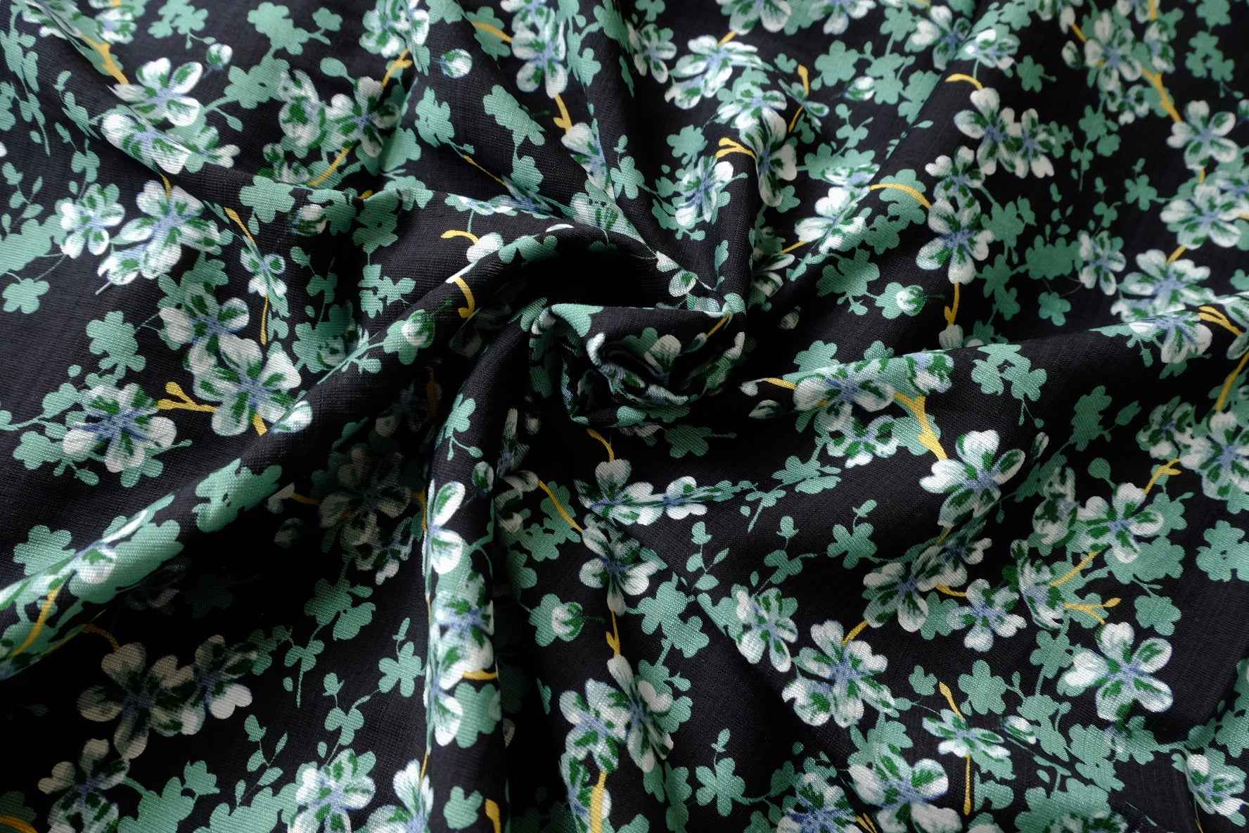 Heavy Tencel Linen Floral Fabric, Black with Green Ditsy Print, 1.64 Yards