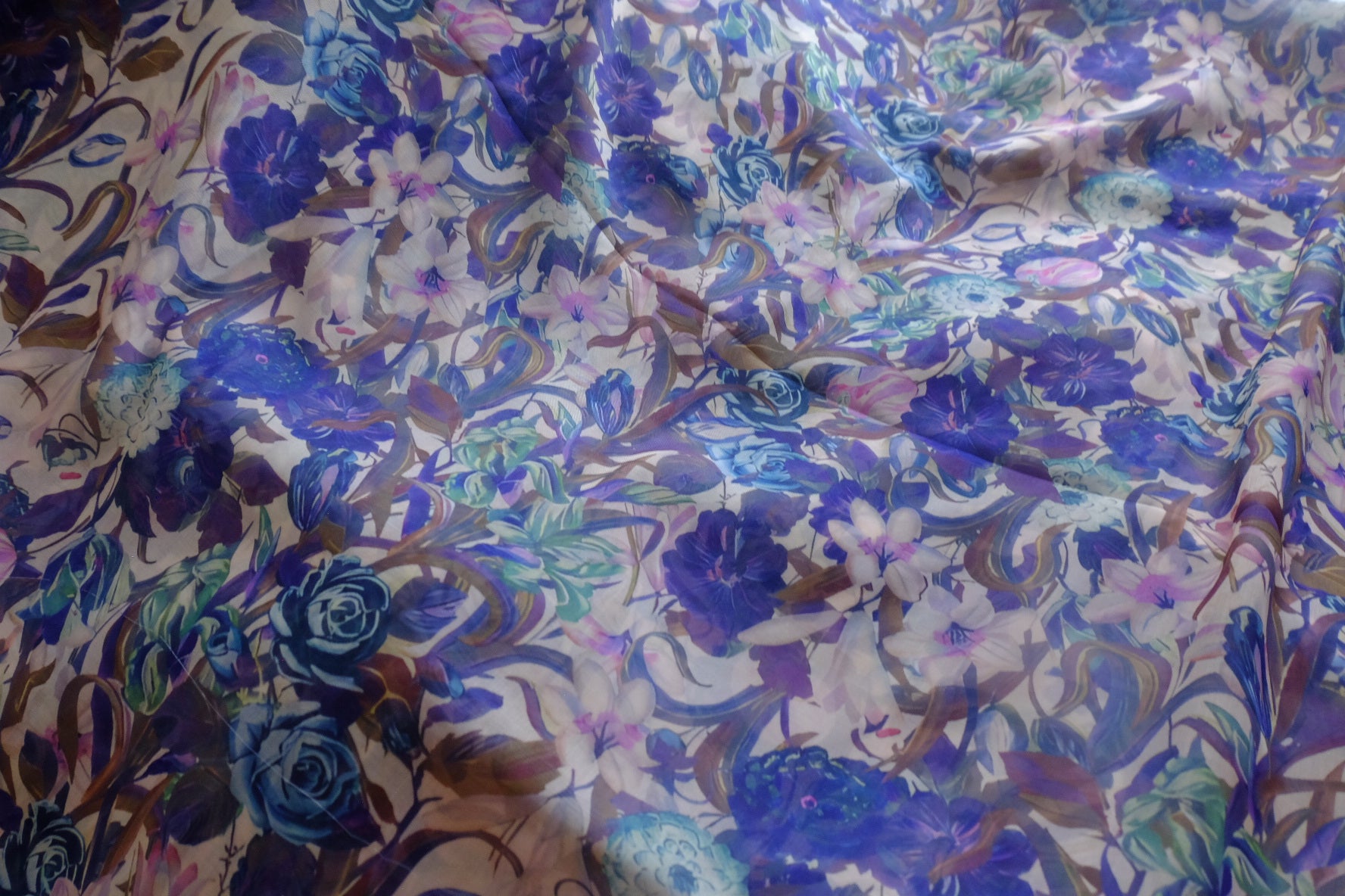 Japanese Blue Floral Border Voile Fabric - 2.19 yd
