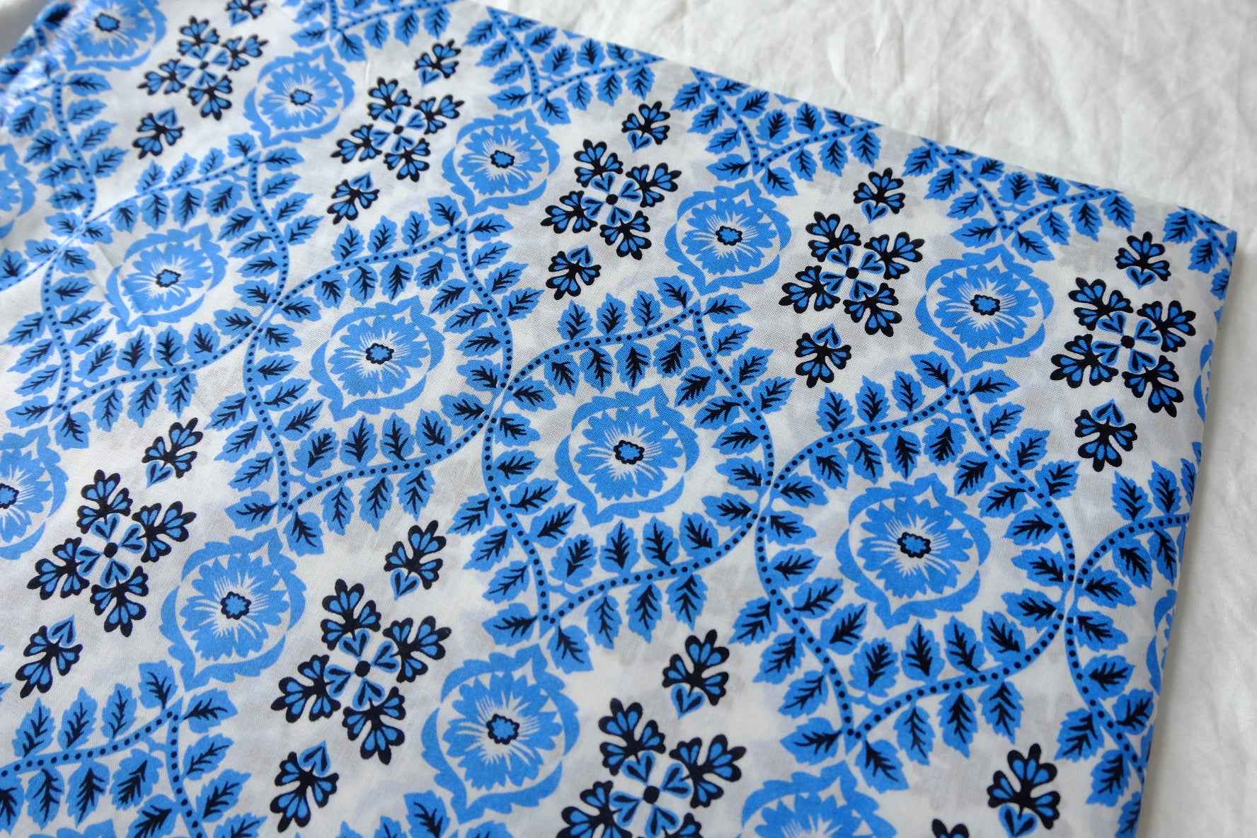 Blue Folk Floral Cotton Fabric - 2.19 Yards