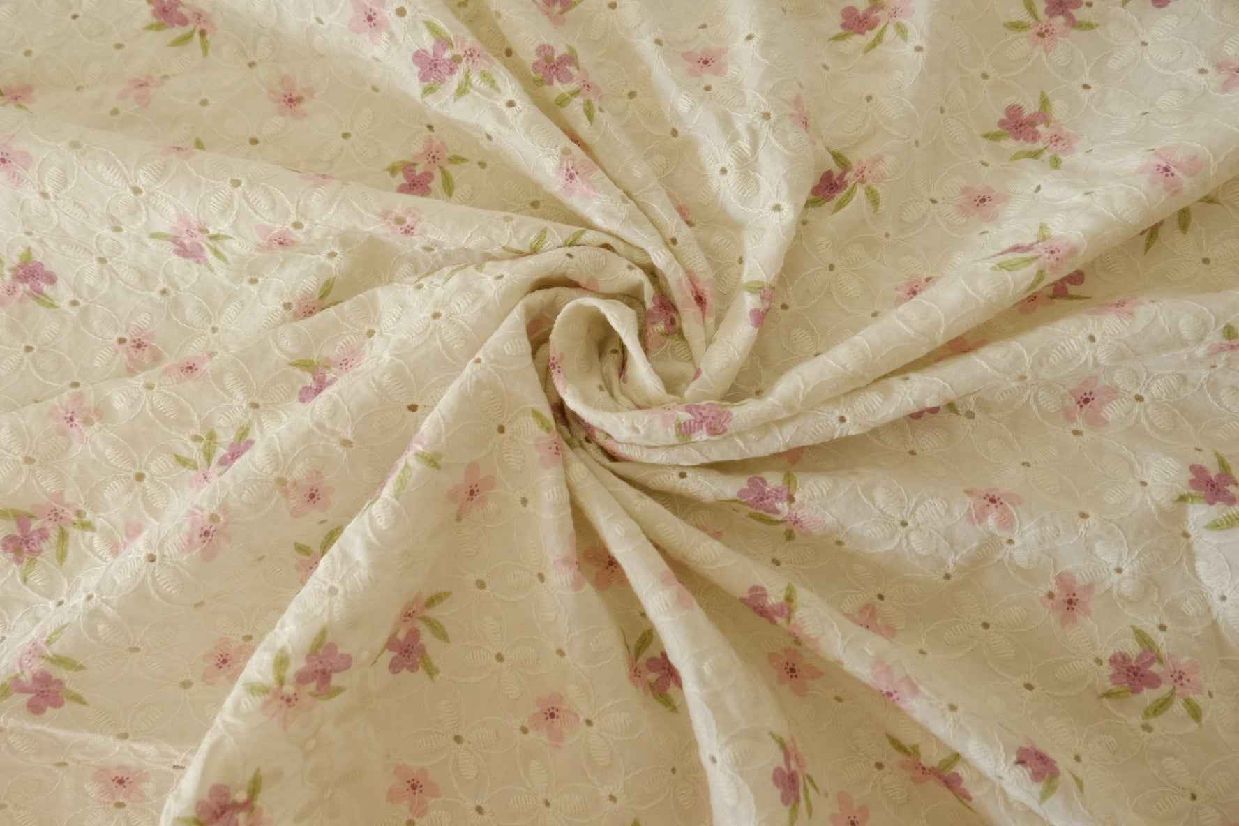 Pink Floral Embroidered Cotton Fabric – 1.3 yd