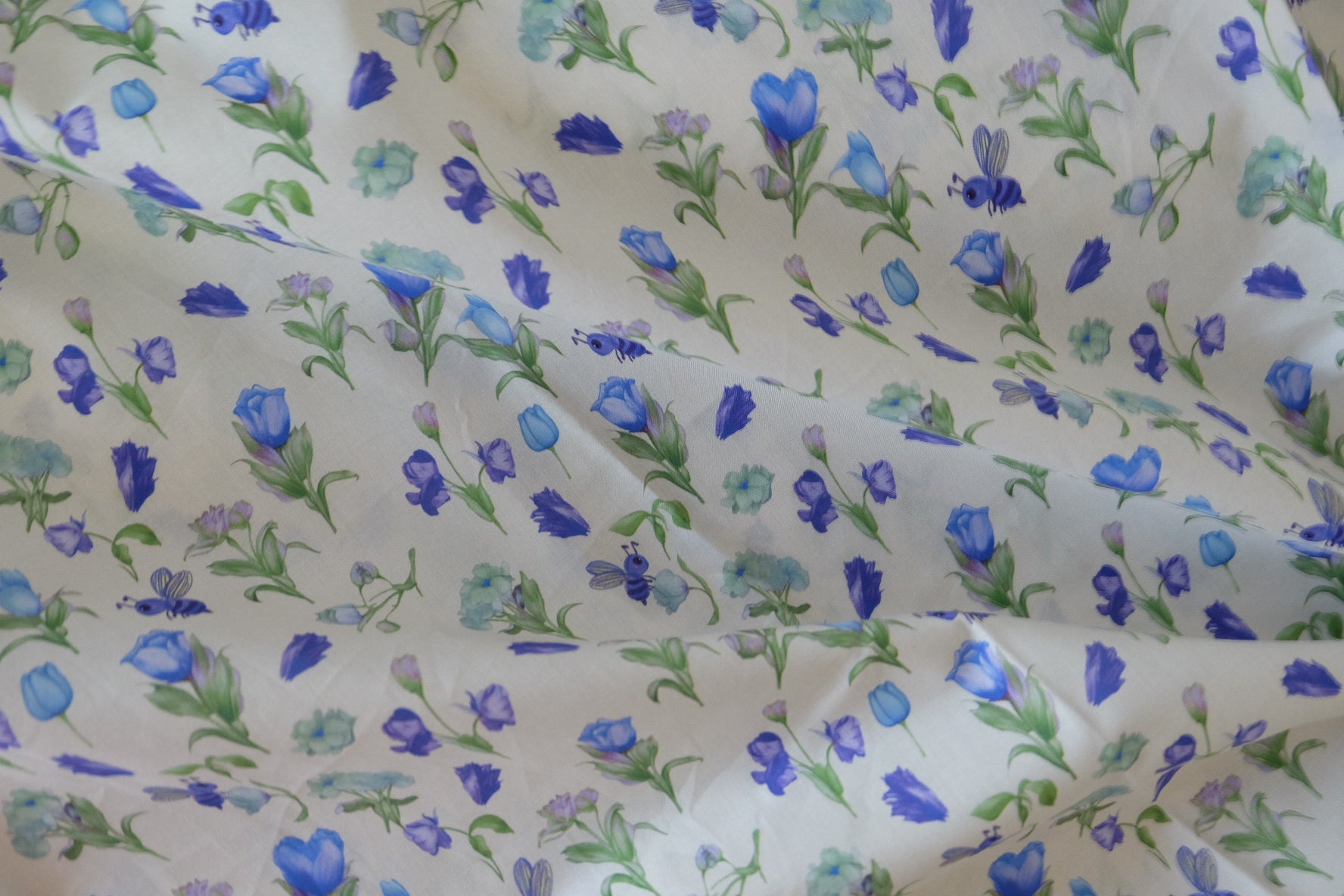 Blue Meadow Cotton Lawn Fabric – Floral Bee Garden Print (3.8 yd Cut)