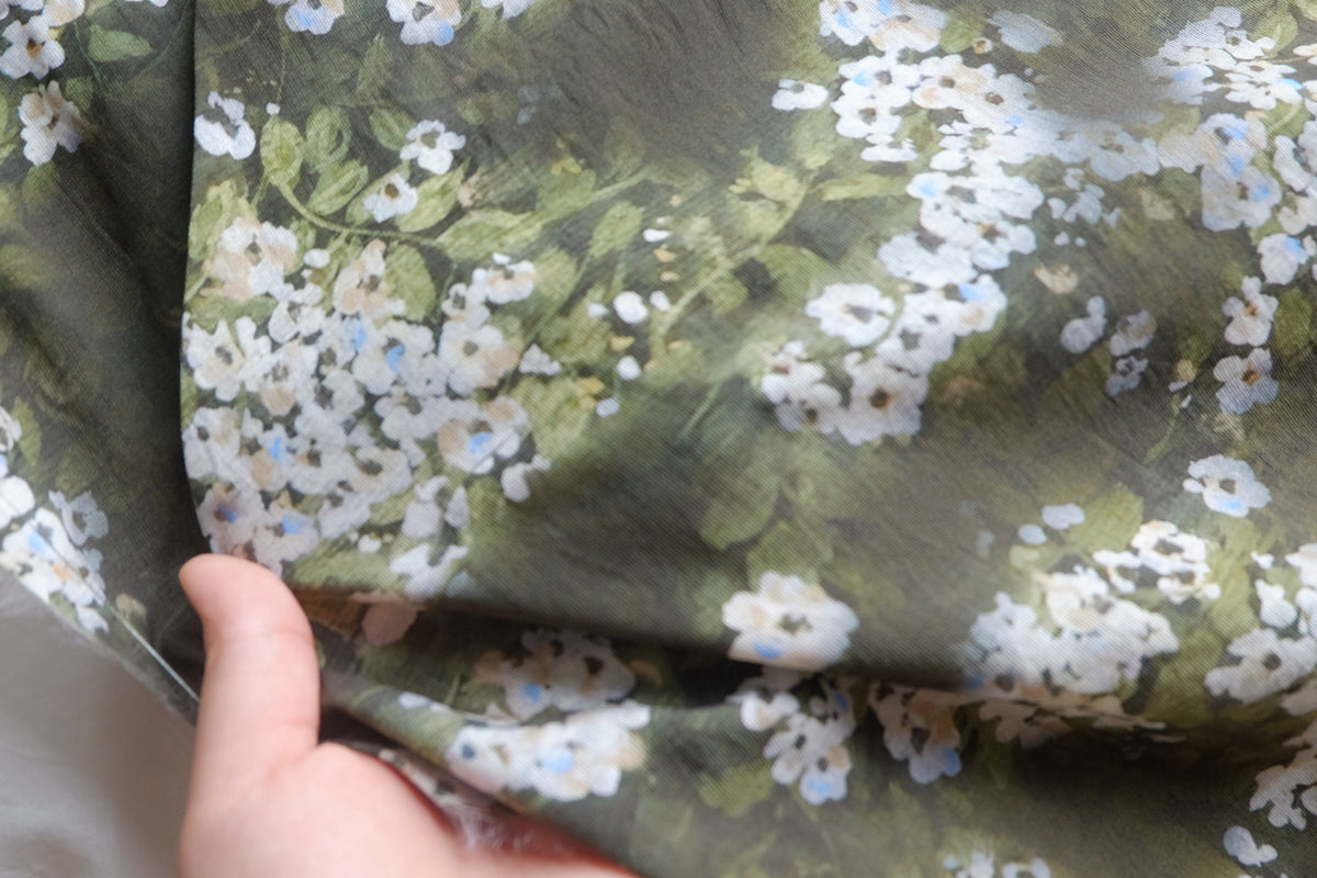 Olive White Floral Cotton Nylon Blend – 3.3 yd