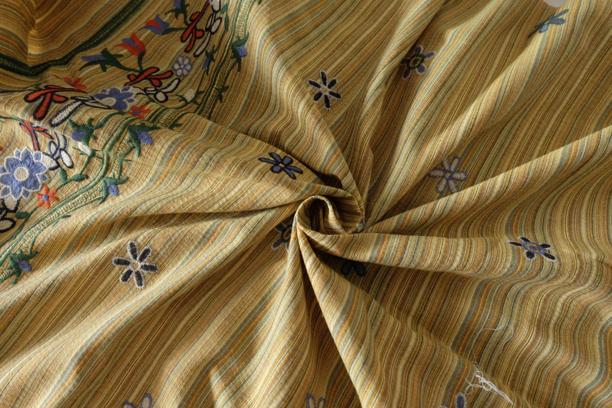 Double Border Floral Embroidered Yarn-Dyed Linen Cotton Fabric – 1.6 yd