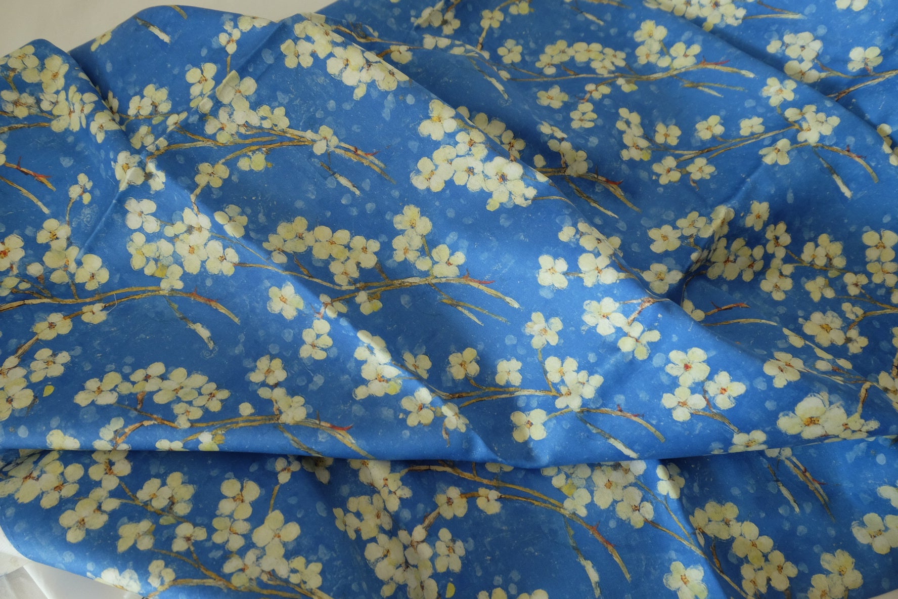 Indigo Blossom Cotton Sateen Fabric – Oriental Floral Branch Print – 2.2 yd