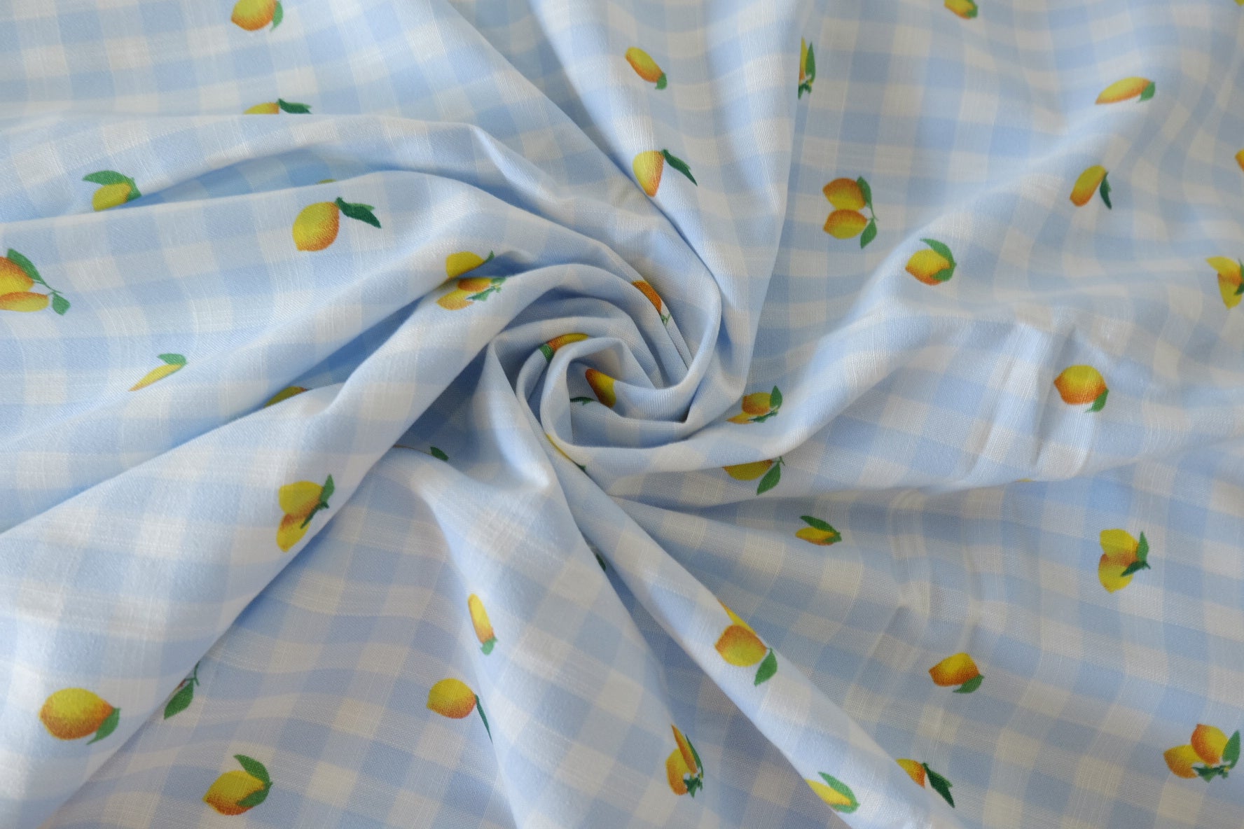 Tencel Linen Blend Fruit Gingham Fabric – Lemon Mini Print (1.6 yd Cut)