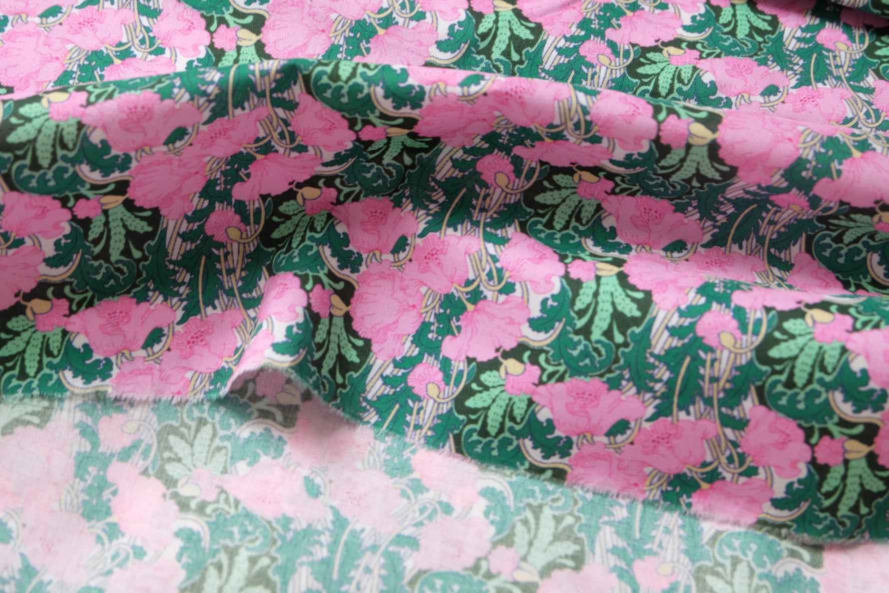Bold Pink Floral Cotton Poplin Fabric, Crisp Lightweight Dress Weight, 3.39 Yards