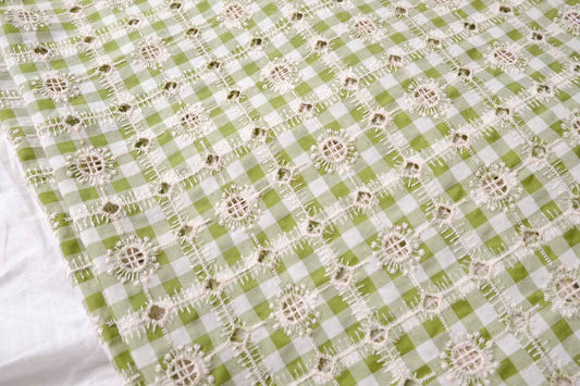 Apple Green Gingham Embroidered Eyelet Fabric, Lightweight Opaque Cotton Blend, 2.19 Yards