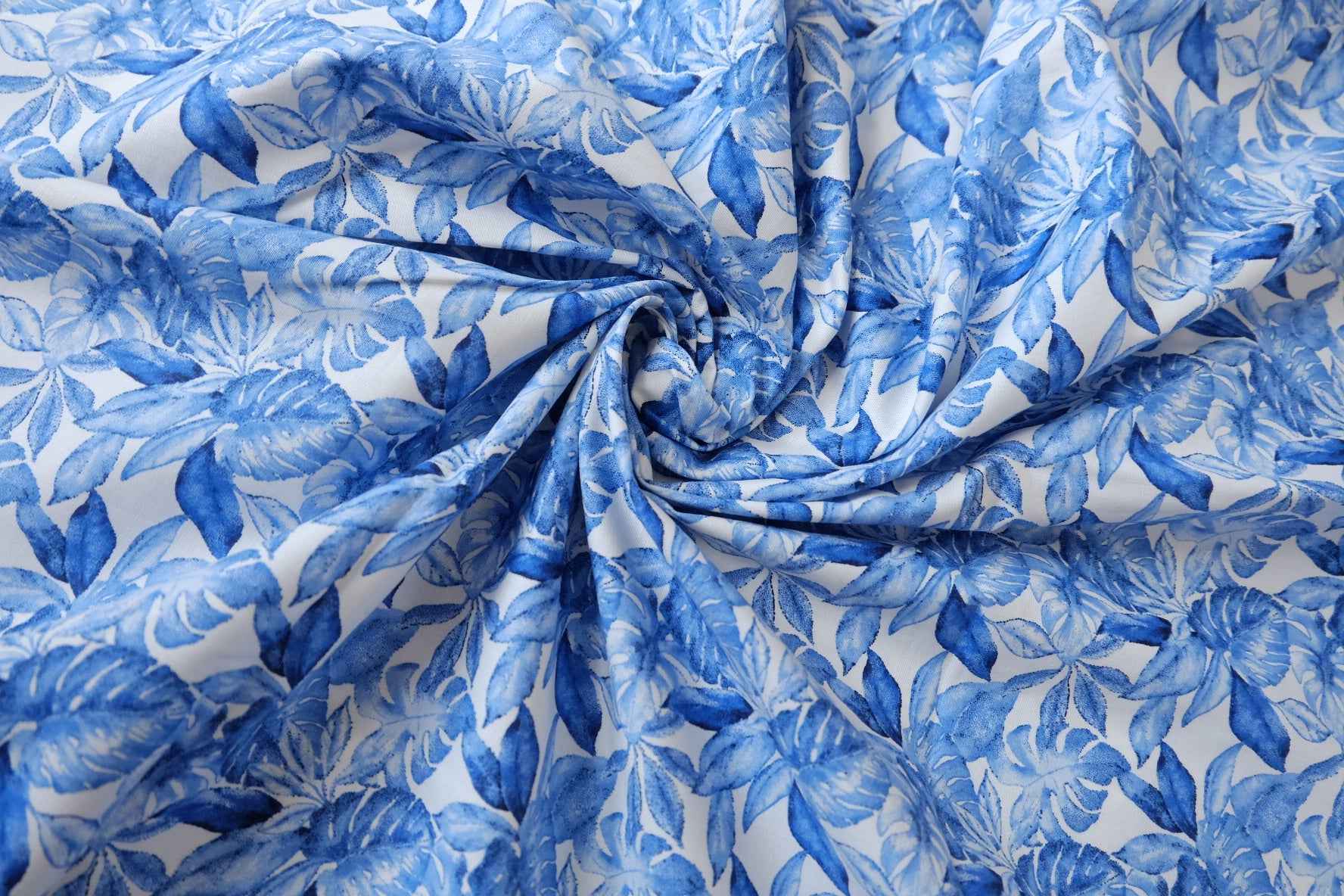Blue Tropical Leaf Stretch Cotton Fabric — 2.52 yd