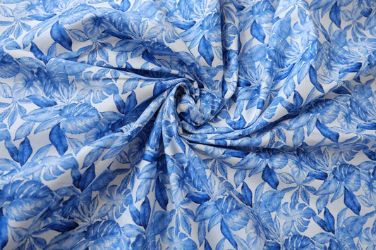 Blue Tropical Leaf Stretch Cotton Fabric — 2.52 yd