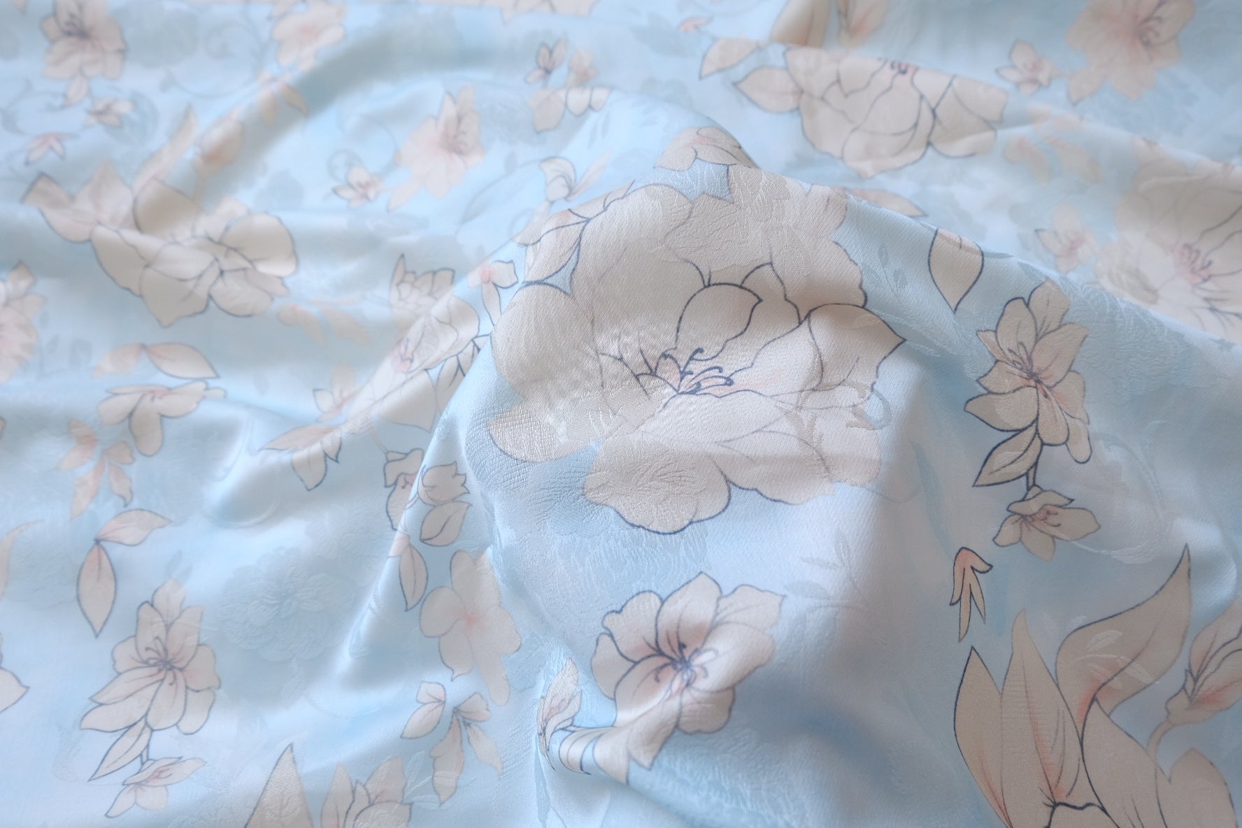 Pale Blue Floral Rayon-Acetate Jacquard Satin Fabric - 1.64 yd