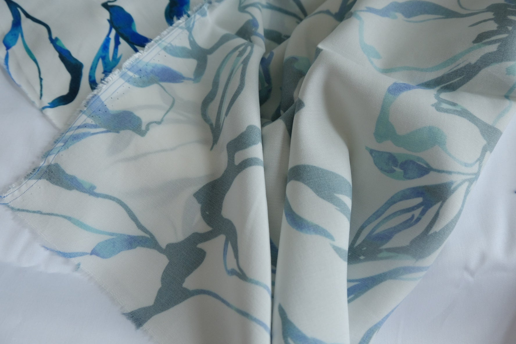 Blue Ink Botanical Silky Rayon Fabric - 2.19 yd