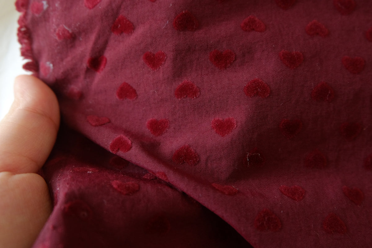 Burgundy Velvet Hearts – Flocked Nylon Fabric | 2.2 Yards