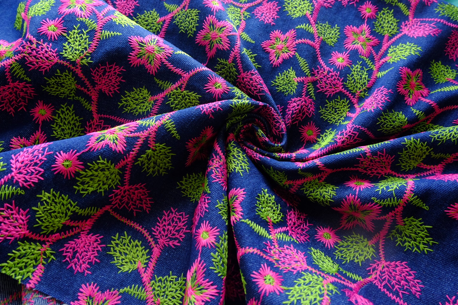 Pink & Green Floral Embroidered Cotton Denim Fabric - Sold by 0.55 yd