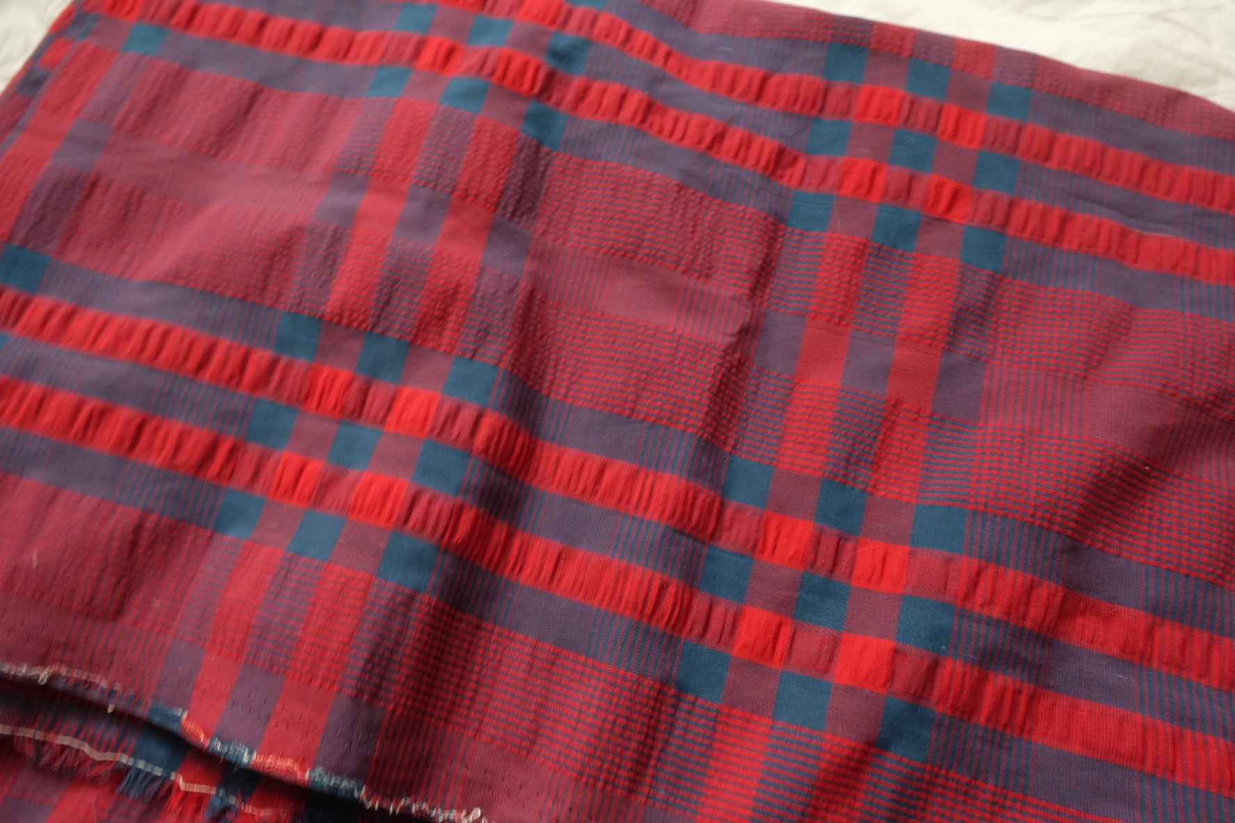 Blue Red Yarn-Dyed Seersucker Plaid Cotton Fabric, Crisp Medium Weight, 2.19 Yards