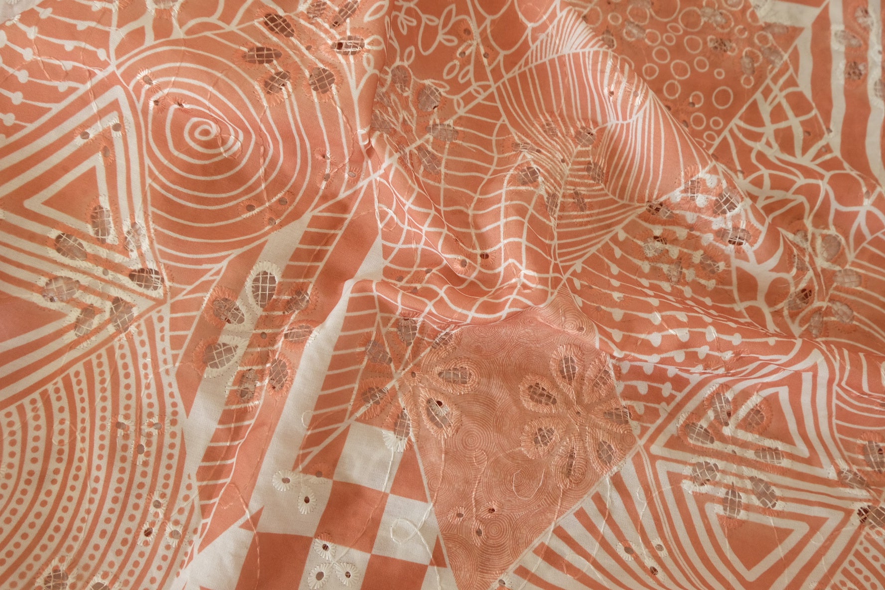 Coral Geometric Embroidered Tencel Cotton Fabric - 2.5 yd