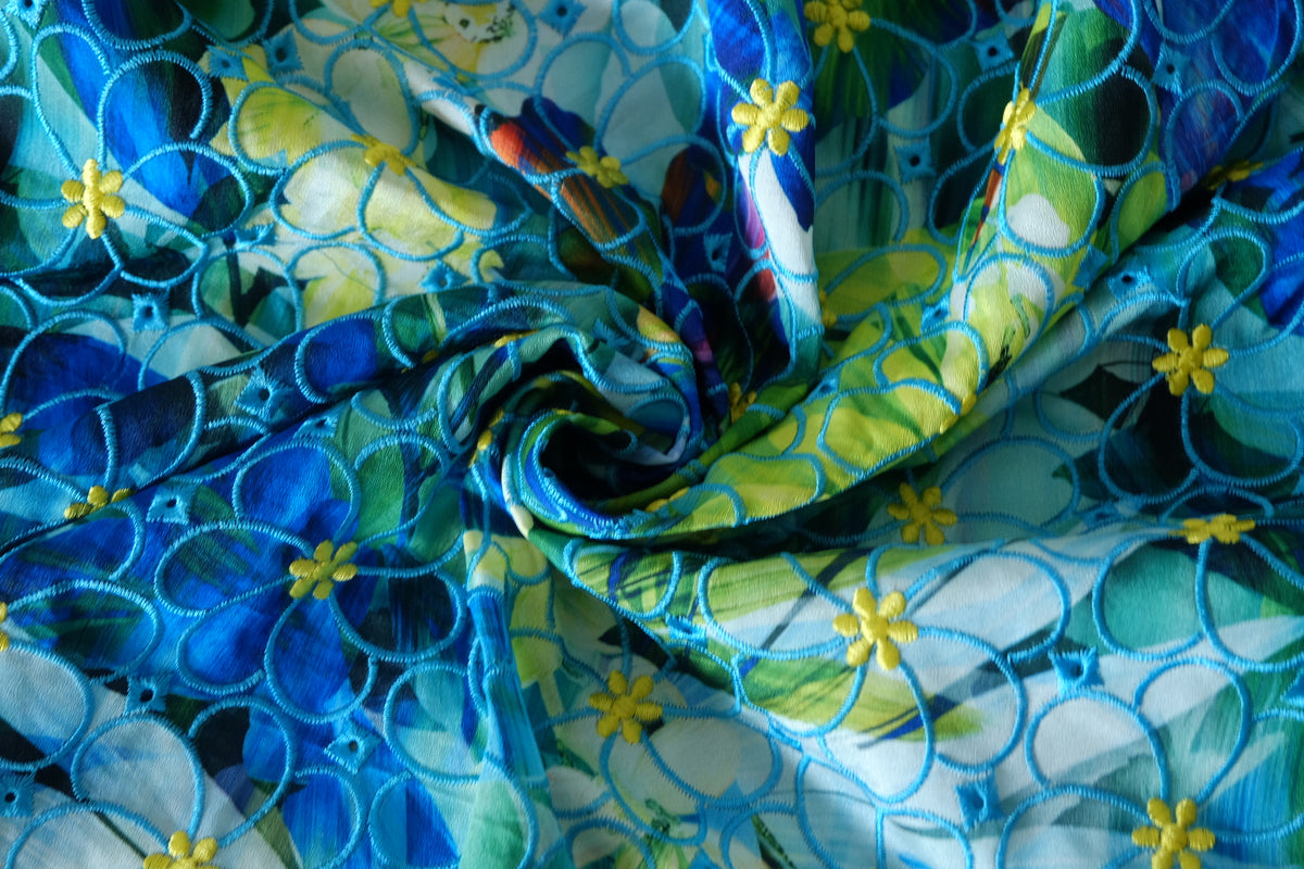 Tropical Blue Garden Embroidered Chiffon – 1.75 yd
