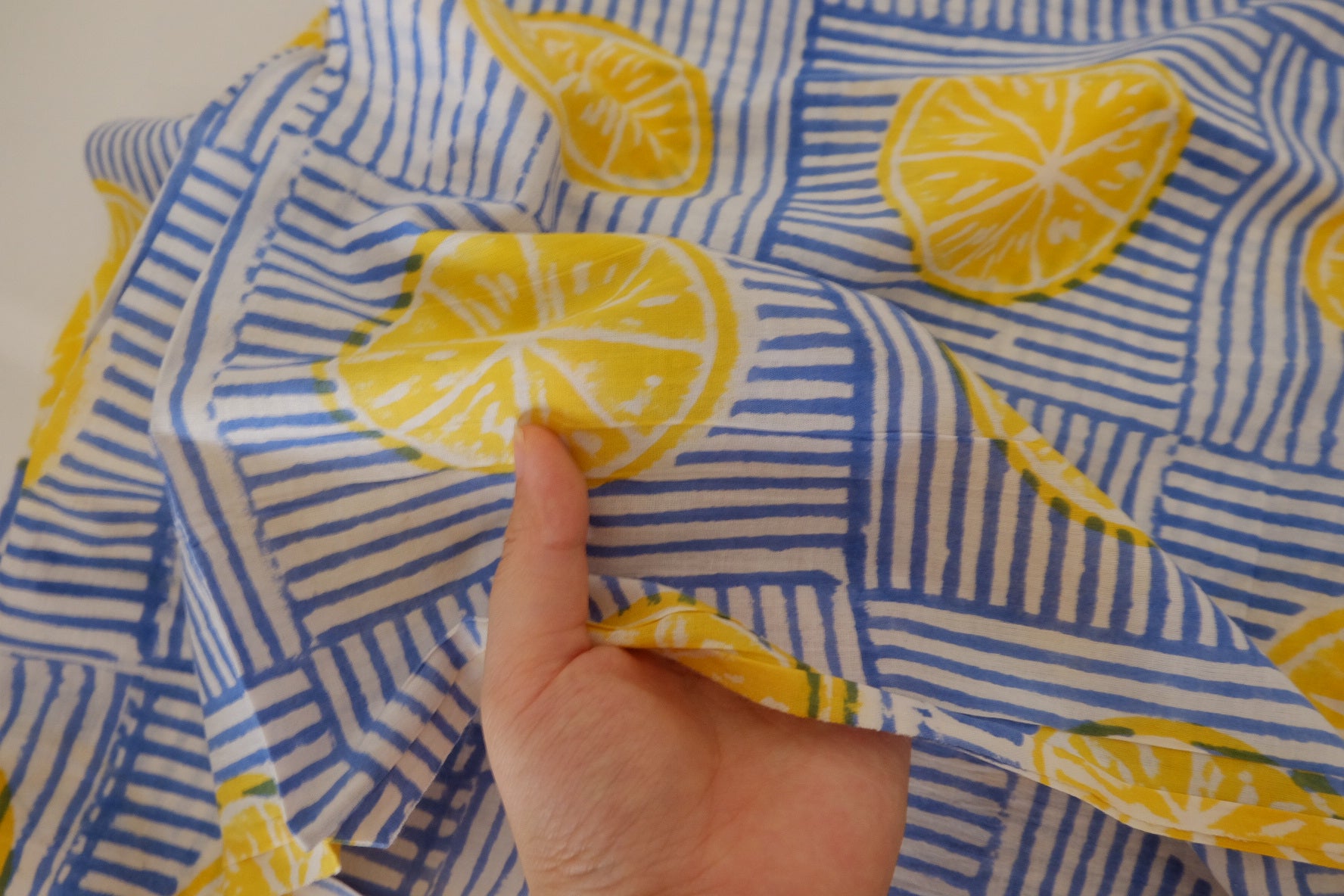 Hand Block Printed Indian Cotton Fabric – Blue Lemon Citrus Pattern – Sold by the Meter