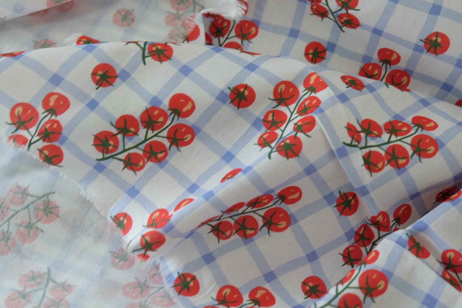 40s Cotton Poplin Fabric – Blue Gingham Tomato Vine Print – 3.3 yd