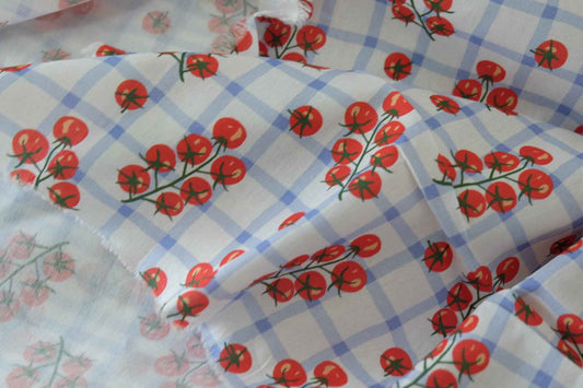 40s Cotton Poplin Fabric – Blue Gingham Tomato Vine Print – 3.3 yd