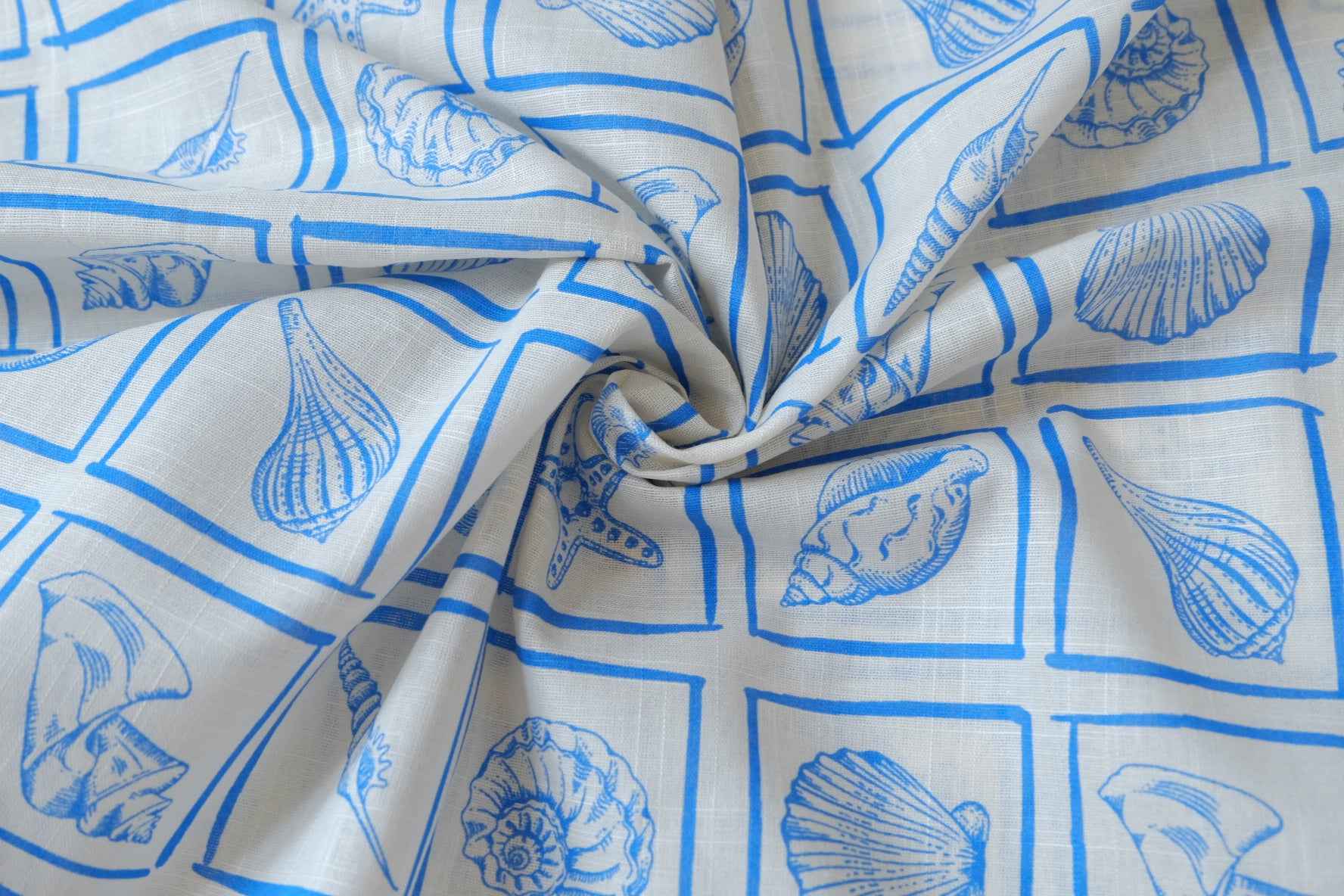 Blue Shell Print Linen Cotton Fabric, Crisp Summer Weight for Dresses and Tops, 3.28 Yards