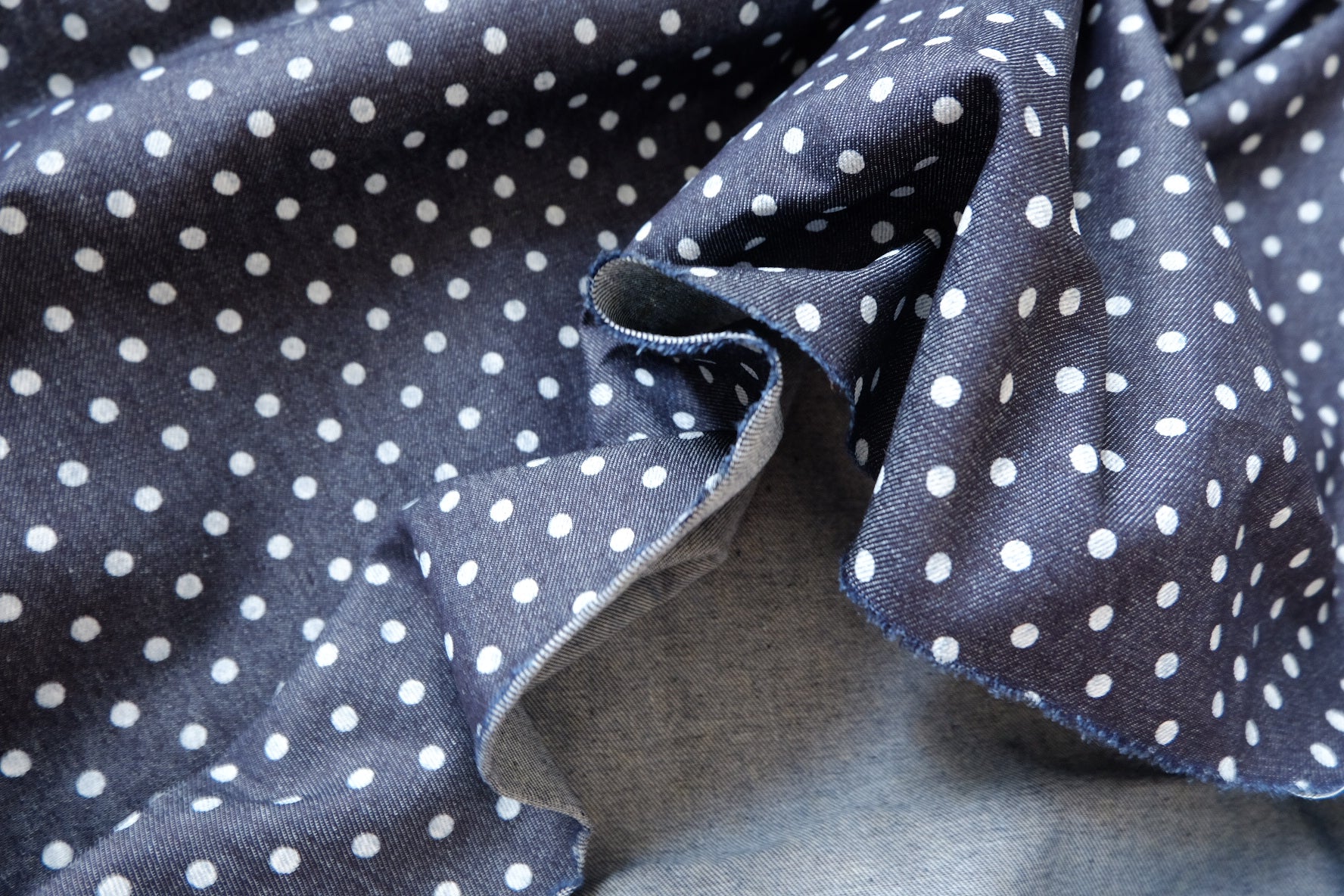 Navy Polka Dot Cotton Denim, Extra Wide Width, 1.64 Yards