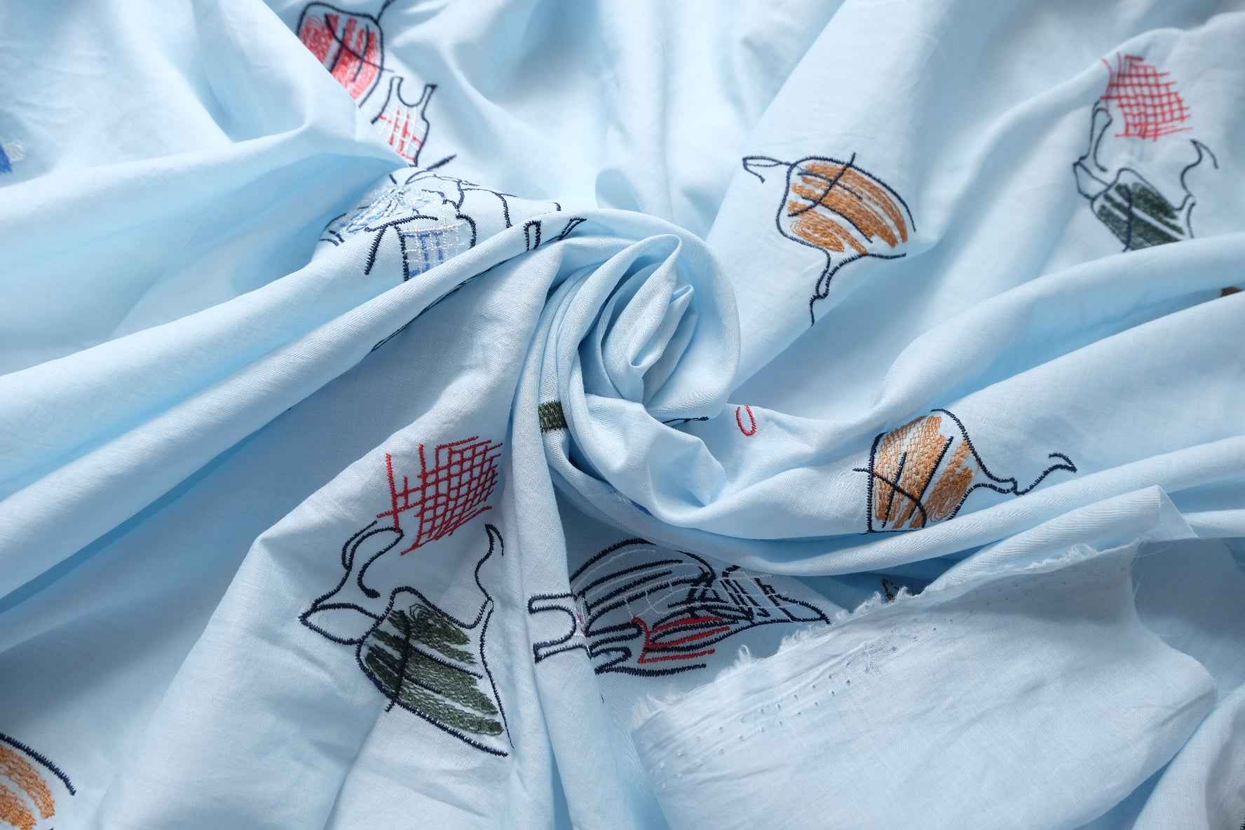 Sky Blue Embroidered Cotton Fabric, Airy Summer Dress Weight, 3.28 Yards