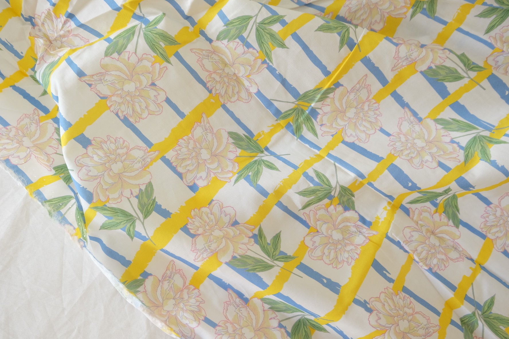 Sunny Stripe Floral Cotton Lawn Fabric – Yellow Blue Garden Print (1.9 yd Cut)