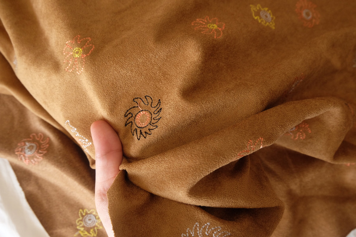 Golden Hour Blooms – Embroidered Faux Suede Fabric – 1.09 yd